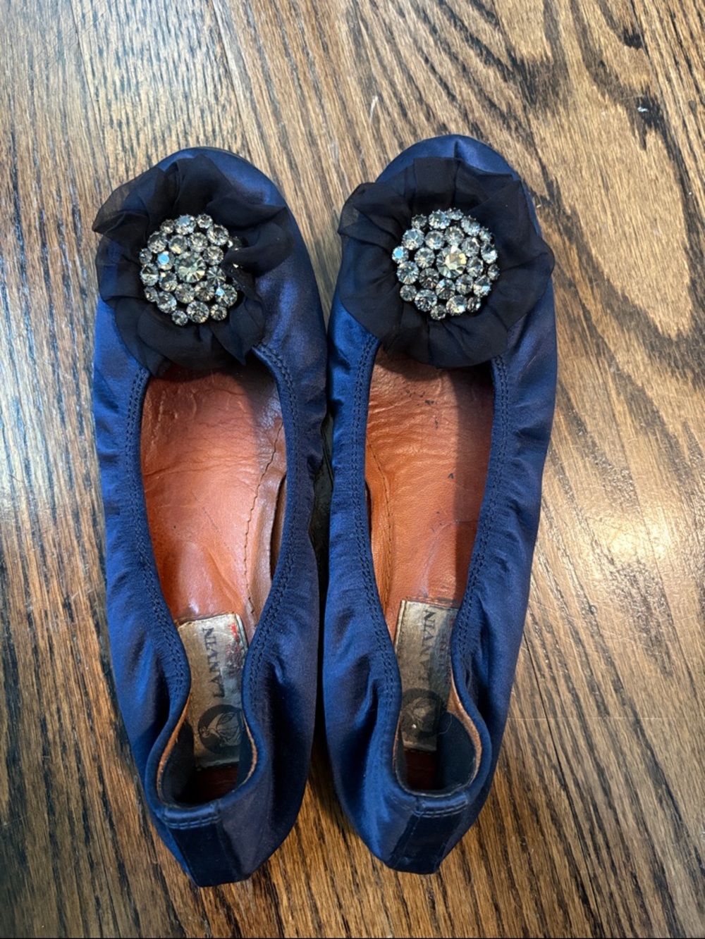 Lanvin Women's Navy Satin Ballet Flats with Crystal Flower Accent